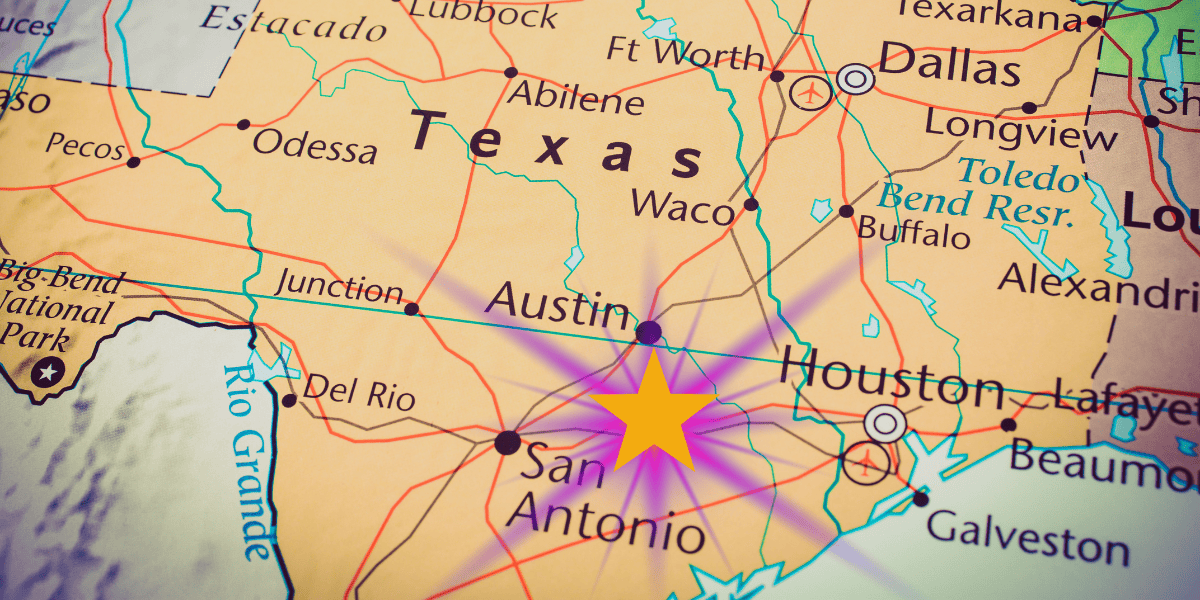A map of Texas highlighting major cities like Dallas, Fort Worth, Waco, Austin, San Antonio, and Houston. A bright yellow star with surrounding purple rays marks the location of San Antonio, emphasizing its importance and proximity to the world's largest Buc-ee's.