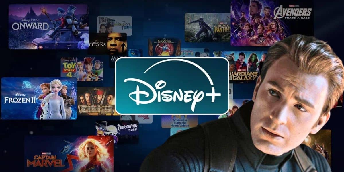 A promotional image for Disney+ showcasing various titles available on the streaming service. Featured prominently are posters for "Frozen II," "Avengers: Endgame," "Black Panther," "Captain Marvel," "Toy Story 4," and more, with the Disney+ logo in the center. Chris Evans as Captain America is superimposed over it all.