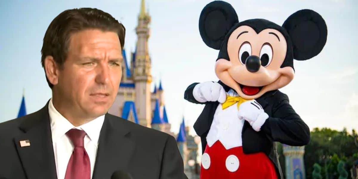 Ron DeSantis (L) with Mickey Mouse (R) with Disney World in the background
