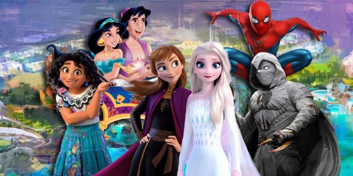 A group of popular Disney and Marvel characters, including Mirabel from Encanto, Jasmine and Aladdin on a magic carpet, Anna and Elsa from Frozen, Spider-Man, and Moon Knight, pose together at the vibrant Disney park Abu Dhabi.