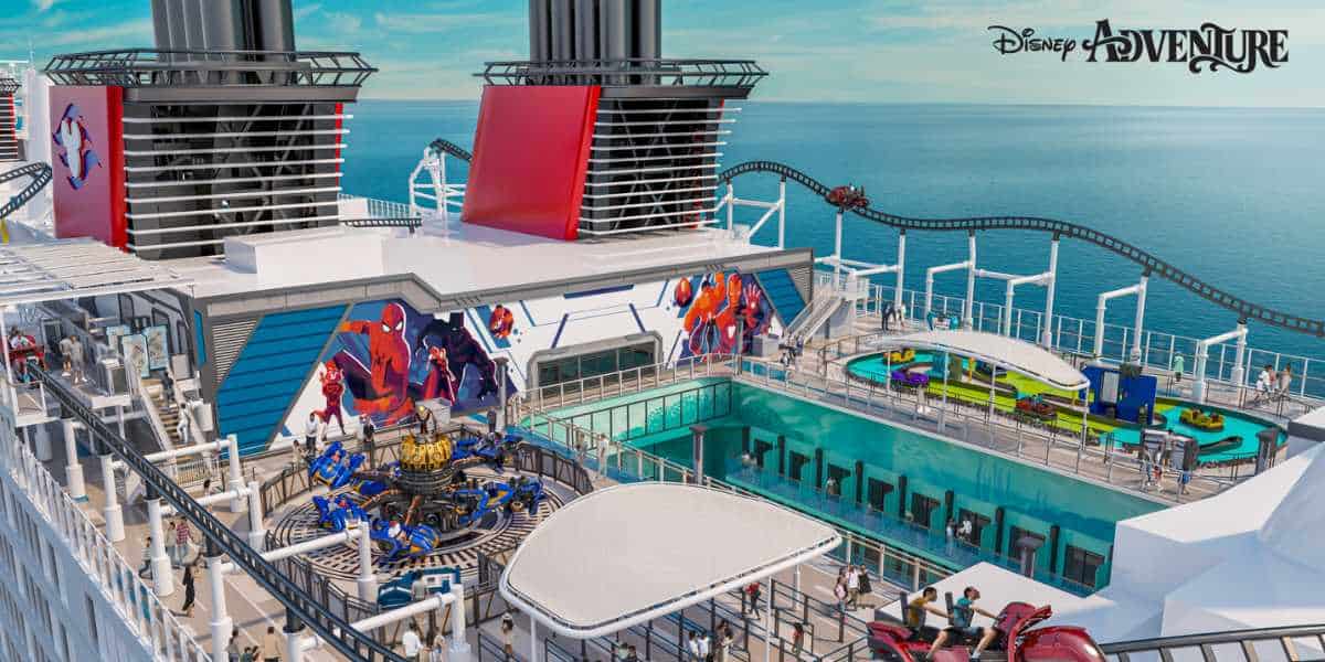 An aerial view of the Disney Adventure cruise ship deck featuring the Marvel Landing
