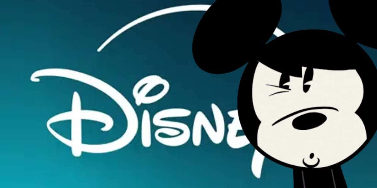 Mickey Mouse with an exaggerated expression is looking at the Disney+ streaming logo, representing tough times.