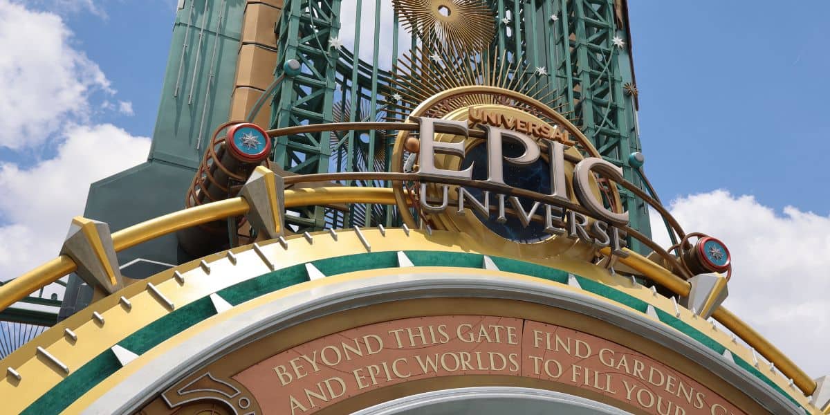 Close-up of the entrance sign for Universal Epic Universe