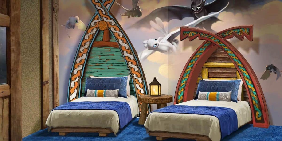 Concept art for a 'How to Train Your Dragon' themed bedroom at Universal Helios Grand Hotel.