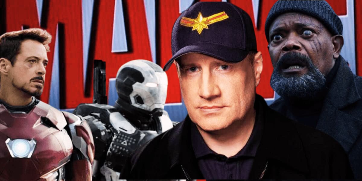 Collage featuring Kevin Feige with an MCU cap, flanked by images of Iron Man, a Star Wars stormtrooper, and Samuel L. Jackson as Nick Fury, against a backdrop with a