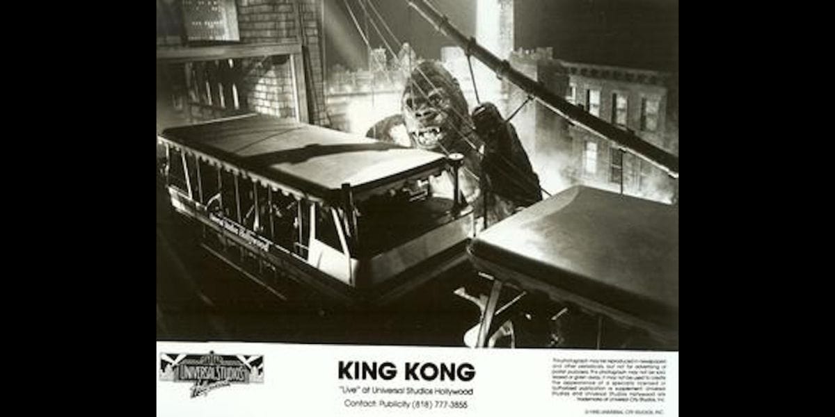 A large animatronic King Kong looms over a tram at Universal Studios Hollywood, recreating the excitement of the famed attraction before the original Universal King Kong Ride was destroyed by fire.