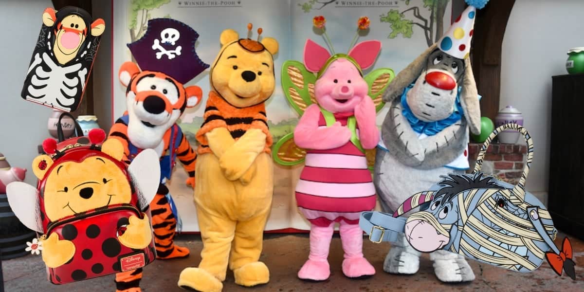 Disney characters from Winnie the Pooh are all ready for Halloween fun: Tigger the pirate, Pooh as a buzzing bee, Piglet flitting like a butterfly, and Eeyore sporting a party hat. In glorious detail, themed backpacks spotlighting Pooh and Eeyore add to the enchanting scene.