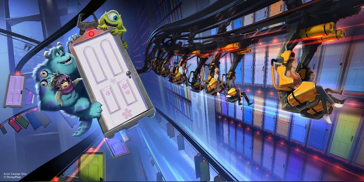 Concept art for a 'Monsters, Inc.' ride in which Sully and Mike hang off a moving door painted with flowers, holding a human child named Boo.