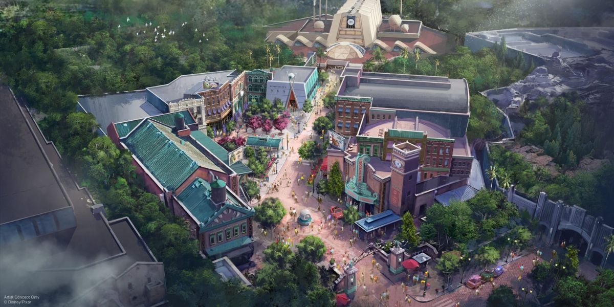 Aerial concept art of Monstropolis at Disney's Hollywood Studios