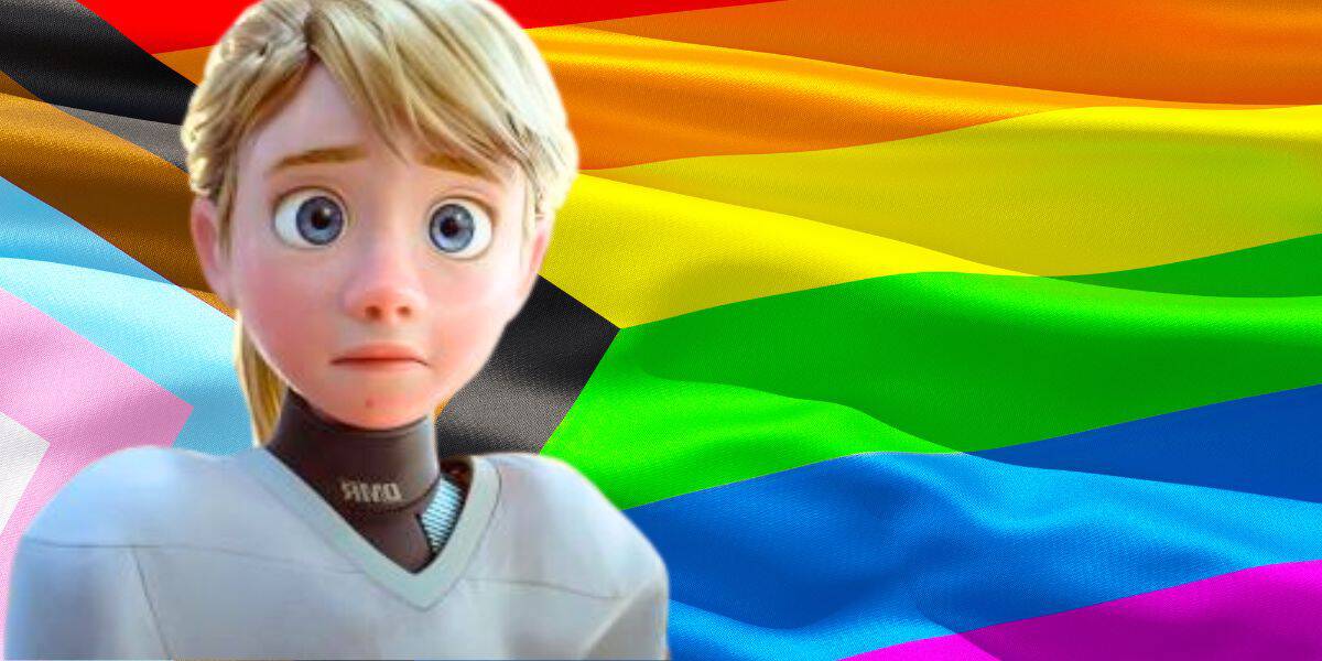 Riley from Inside Out 2, looking upset and juxtaposed against the LGBTQIA+ flag.