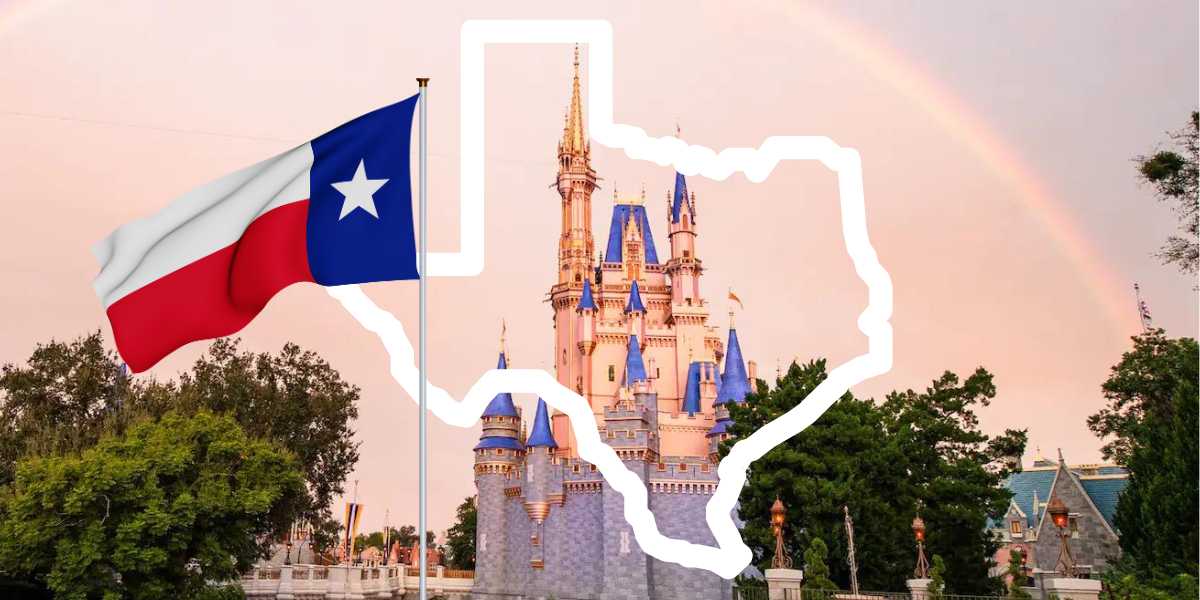 Cinderella Castle with outline of Texas state and Texan flag in the foreground
