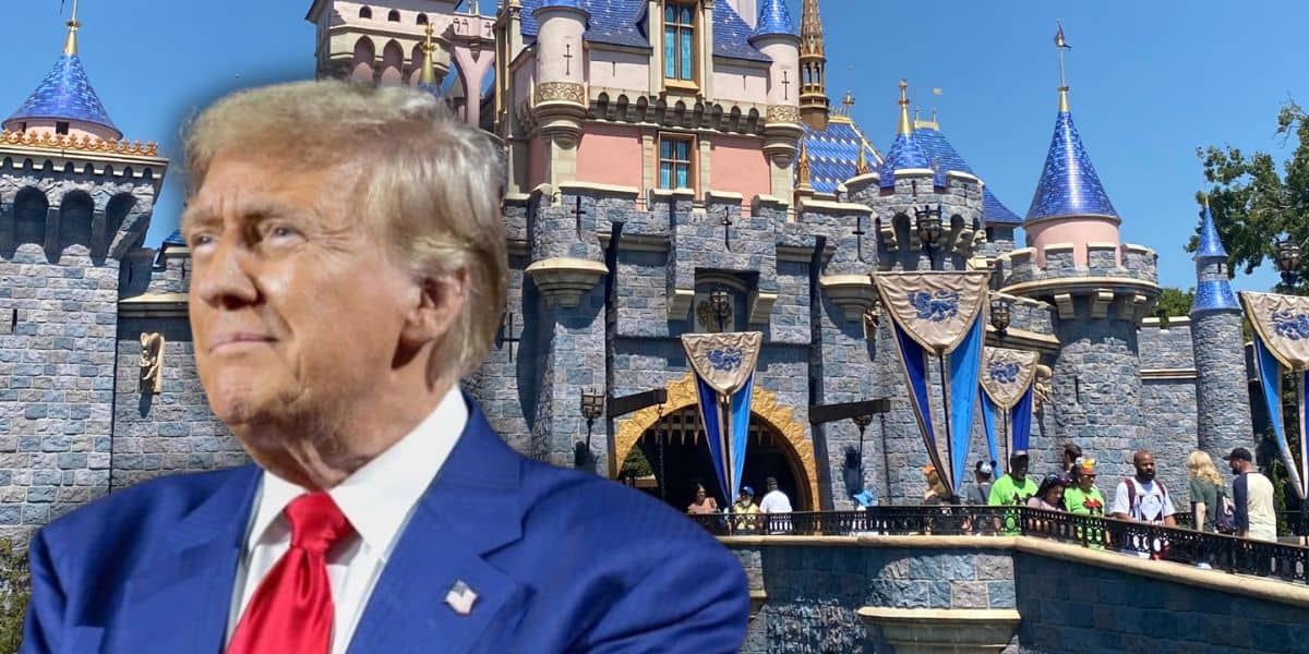 Donald Trump photoshopped in front of Sleeping Beauty Castle at Disneyland Park.