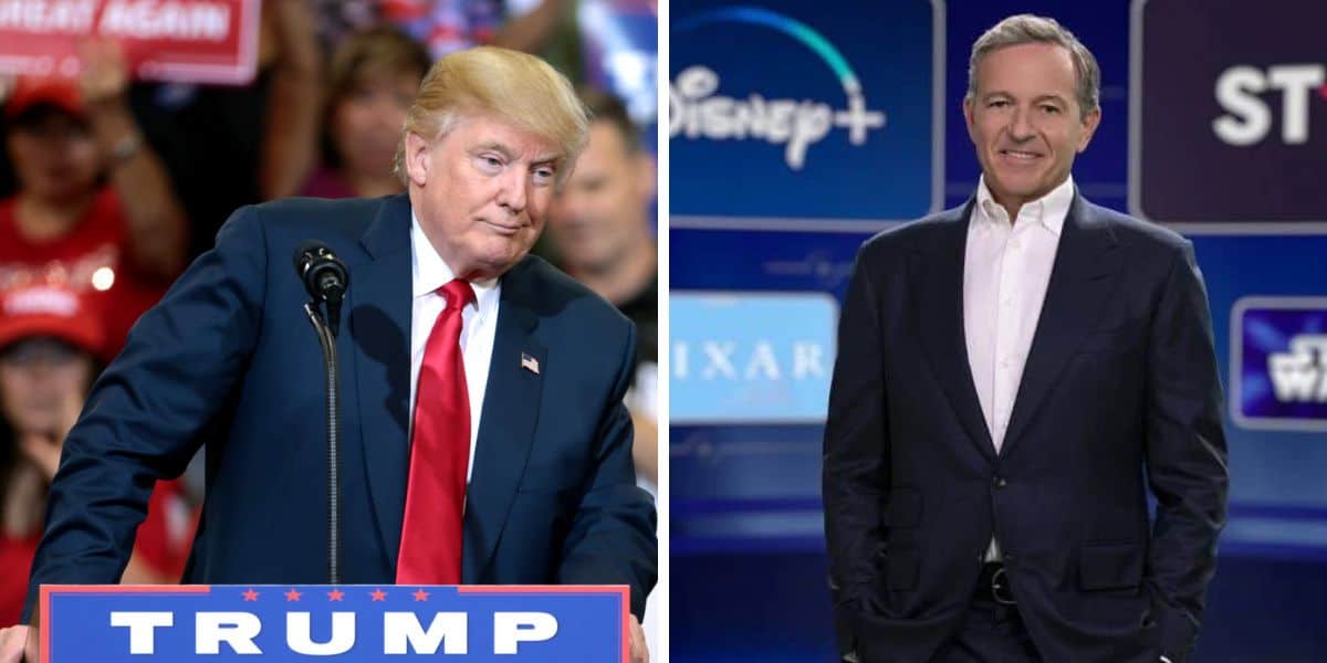 Left: Donald Trump at a podium. Right: Bob Iger in front of the Disney+ logo. Disney recently defended its DEI practices.