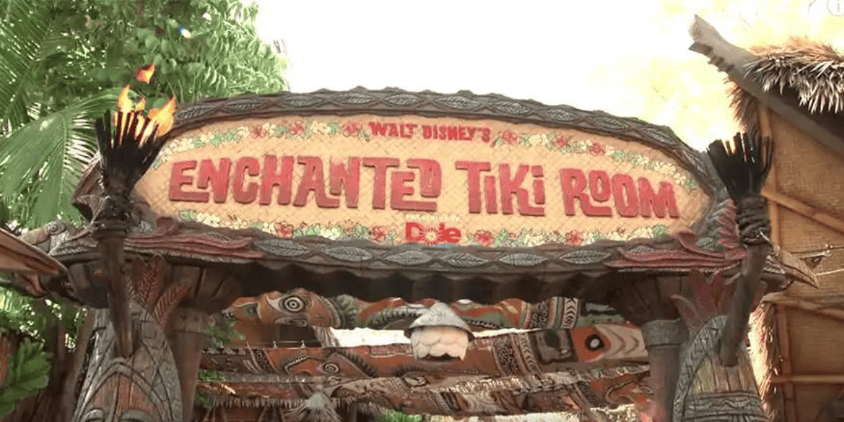 Signage showing Dole sponsorship of the Enchanted Tiki Room