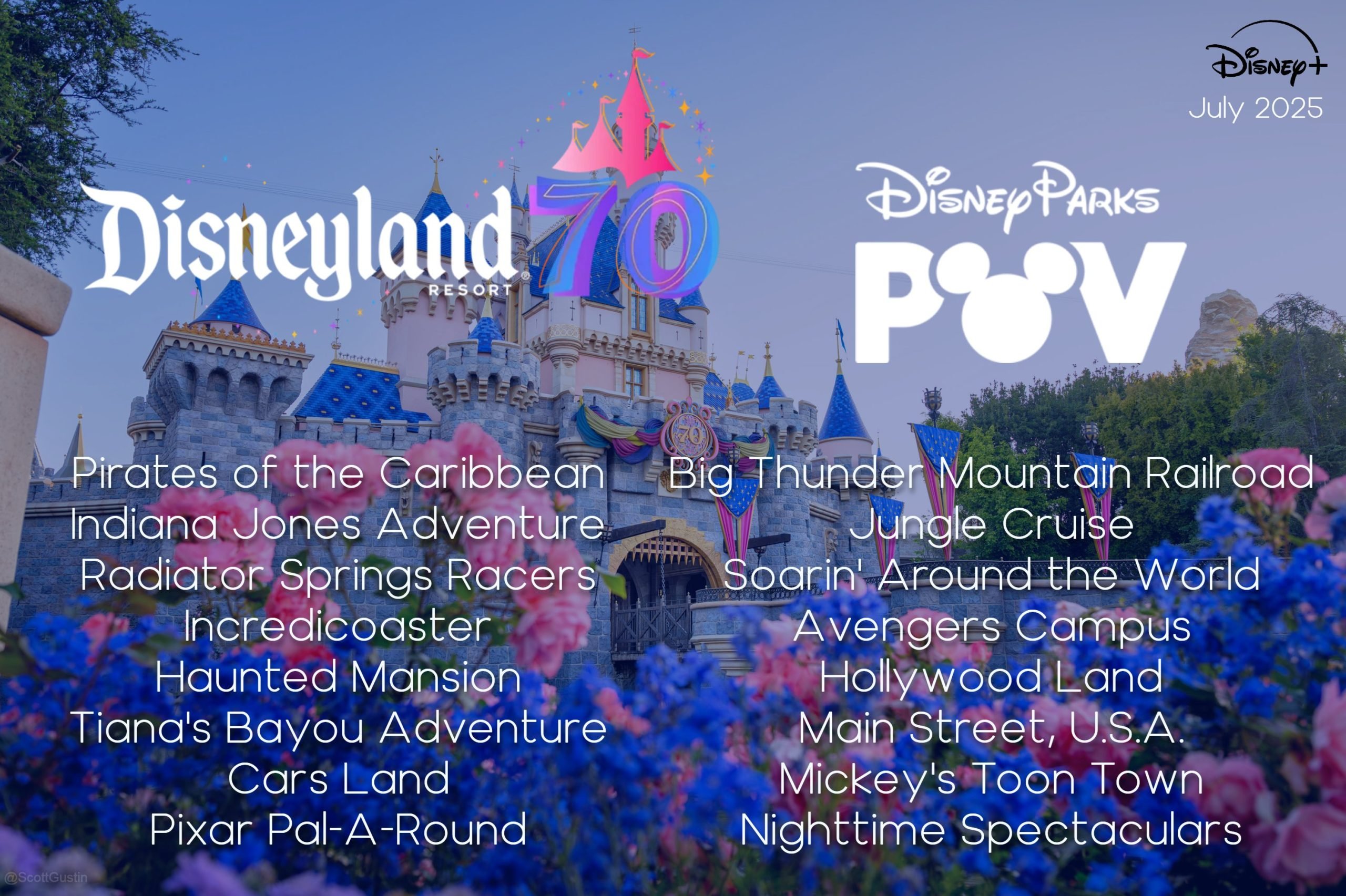 Sleeping Beauty Castle at Disneyland decorated for the 70th anniversary, with a list of attractions and “Disney Parks POV July 2025” in the corner, highlights Disney POV rides overlaid on a sunny park background.