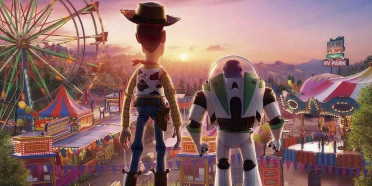 Woody and Buzz Lightyear looking down on a carnival in 'Toy Story 4'