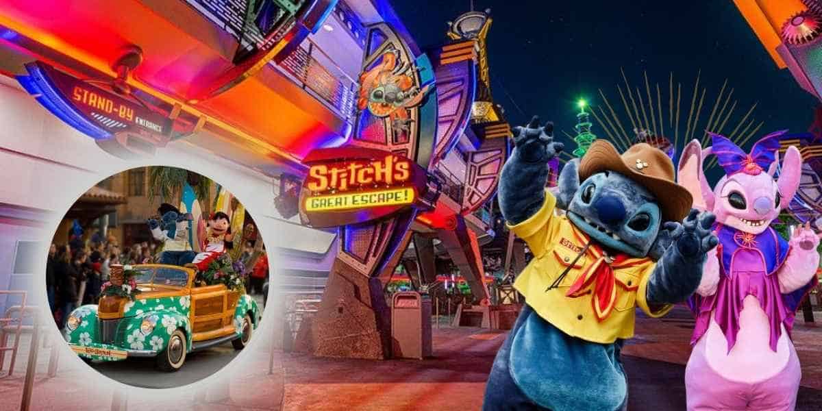 Stitch and Angel outside the disney ride called "Stitch's Great Escape", on lower left side is Lilo & Stitch riding a car in a parade.
