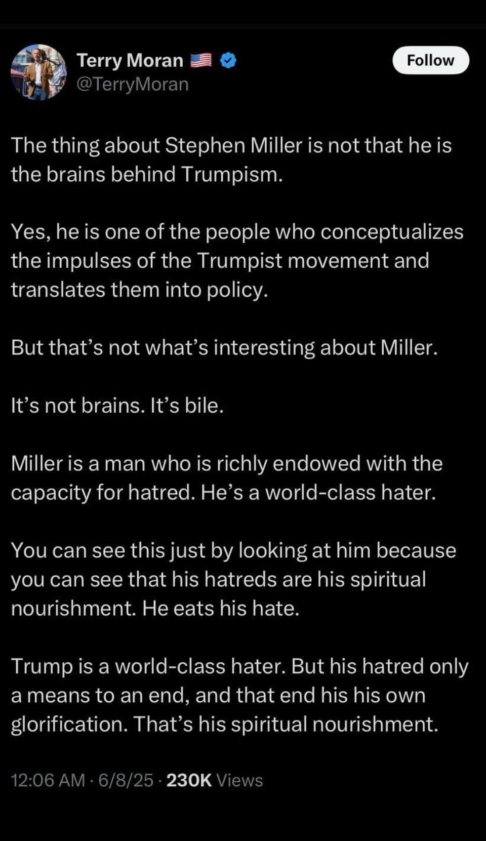 A tweet by Terry Moran ABC discusses Stephen Miller, claiming Miller channels the Trumpist movement into policy and is fueled by hatred rather than intellect, describing him as a "world-class hater" who thrives on hatred.