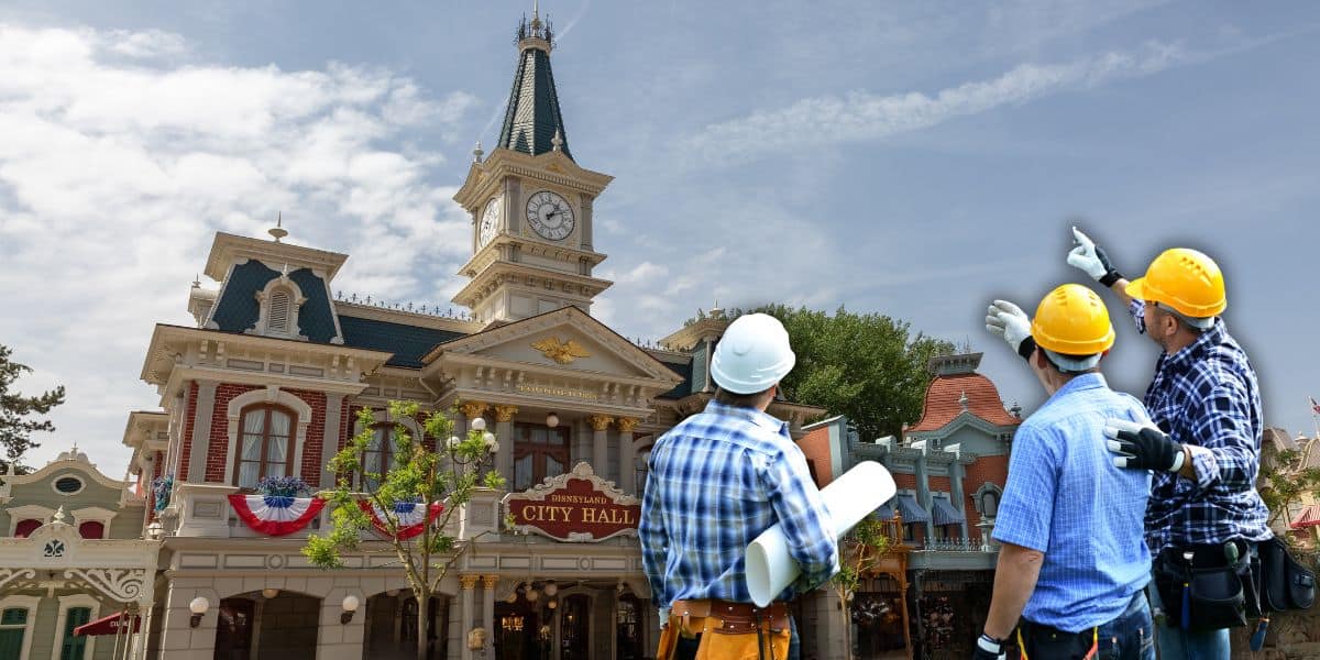 Three construction workers wearing helmets and holding blueprints discuss the architecture of a building resembling a decorative town hall with a clock tower under a clear blue sky. The building has red brick, white columns, and American flag bunting inside of Magic Kingdom, near the Rivers of America location at Walt Disney World Resort.