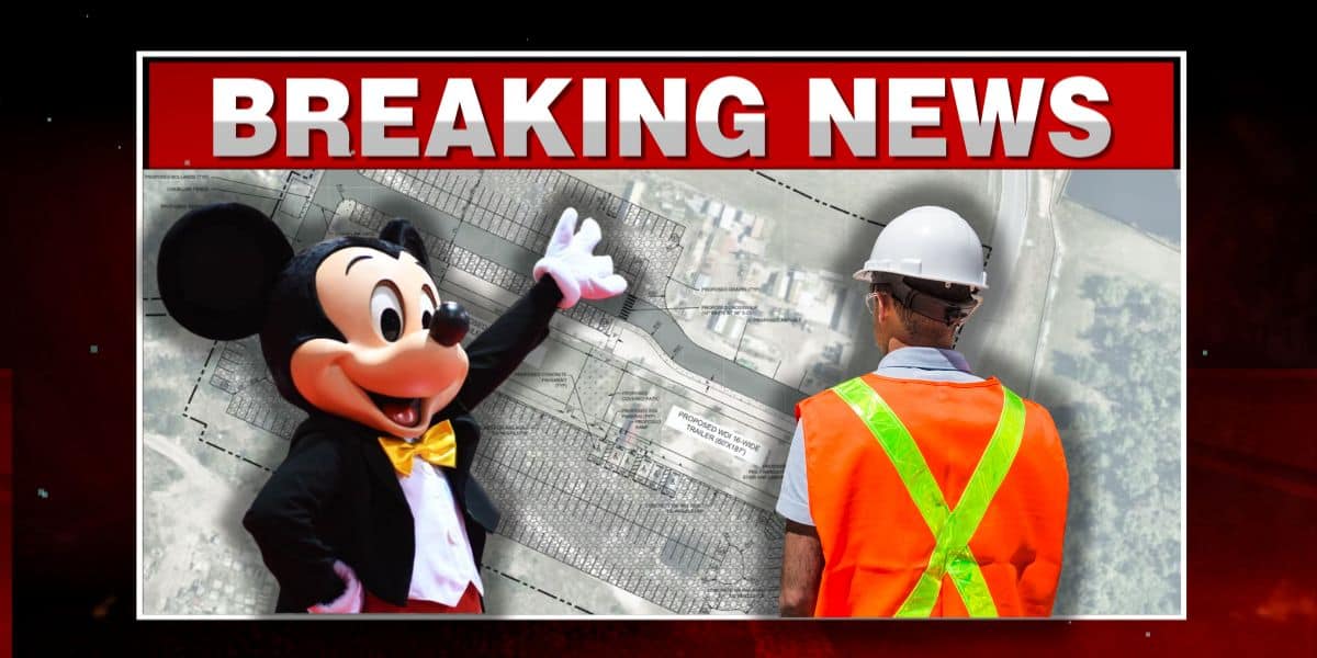 A "Breaking News" graphic featuring an image of Mickey Mouse, proudly pointing at construction plans alongside a construction worker in a hard hat and orange safety vest, signaling a potential Disney-related announcement concerning a new construction project.