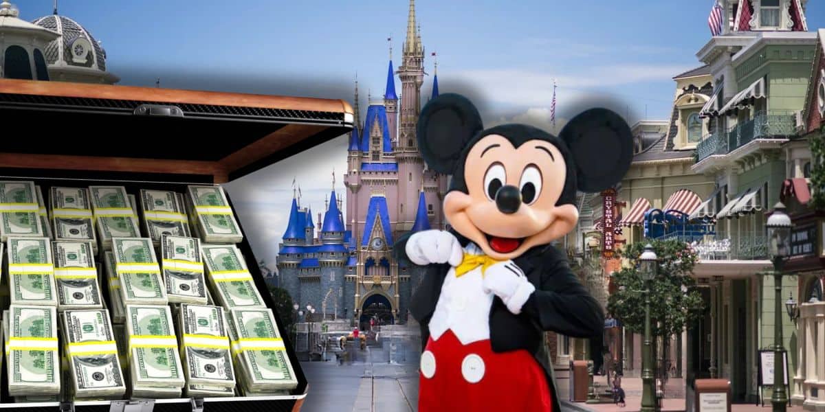 Mickey Mouse in a tuxedo stands in front of a Disney World castle on a themed street. To the side, there's an open suitcase filled with stacks of cash, hinting at $10 million and a Lifetime Pass to endless whimsical adventures and opulence.