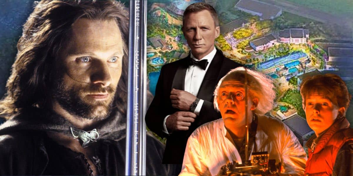 A collage featuring Aragorn from Lord of the Rings with long hair and a cloak, James Bond dressed in a tuxedo against a resort backdrop, and Doc Brown and Marty McFly in neon lighting, one in a white coat holding a gadget, both looking surprised at this Universal Studios UK theme park coming in 2031.