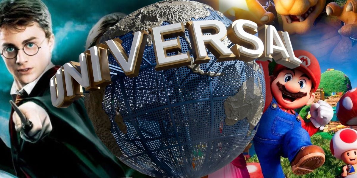 At Universal Orlando Resort, the iconic globe stands at the center, with Harry Potter on the left and Super Mario alongside other colorful characters on the right.