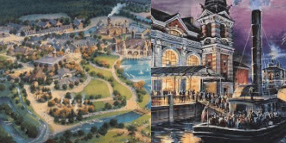 An aerial view illustration of a theme park with various paths, greenery, and buildings on the left. On the right, an image of a lively waterfront scene featuring a steamship arriving at a bustling, illuminated dock with a crowd of people.