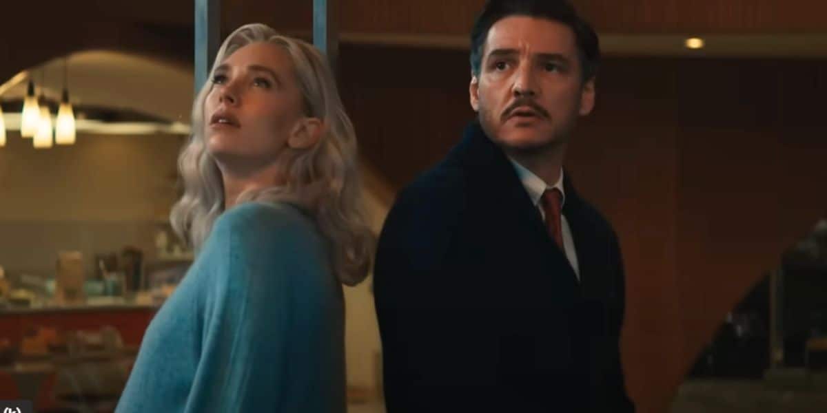 L to R: Vanessa Kirby and Pedro Pascal looking up at the sky in 'The Fantastic Four: First Steps'