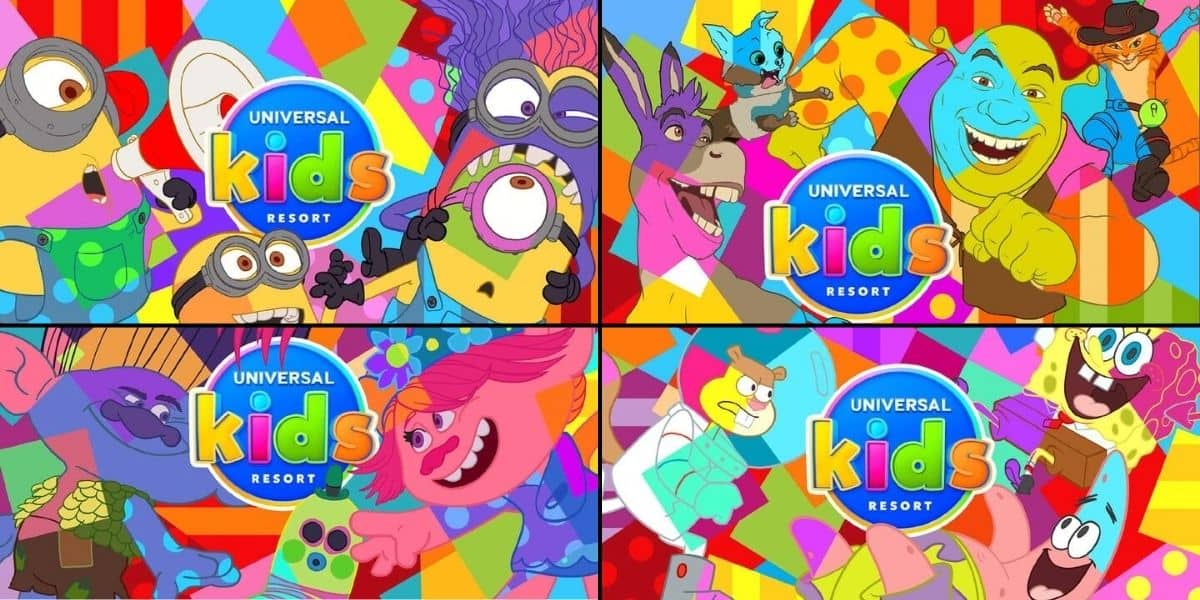 Four colorful panels display the Universal Kids Resort logos surrounded by animated characters like Minions, Trolls, and Shrek on a bright, geometric background, highlighting this exciting new Universal theme park in Texas.
