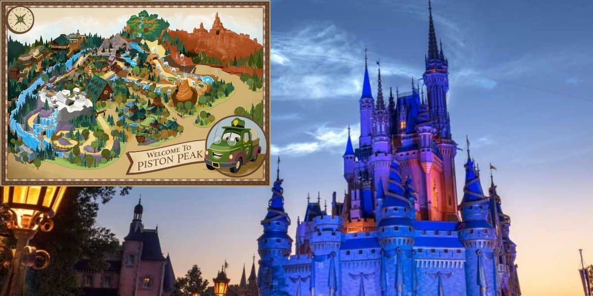 A map labeled "Welcome to Piston Peak," featuring cartoon terrain and a car character, is overlaid on a photo of the Magic Kingdom's brightly lit Disney castle at dusk.