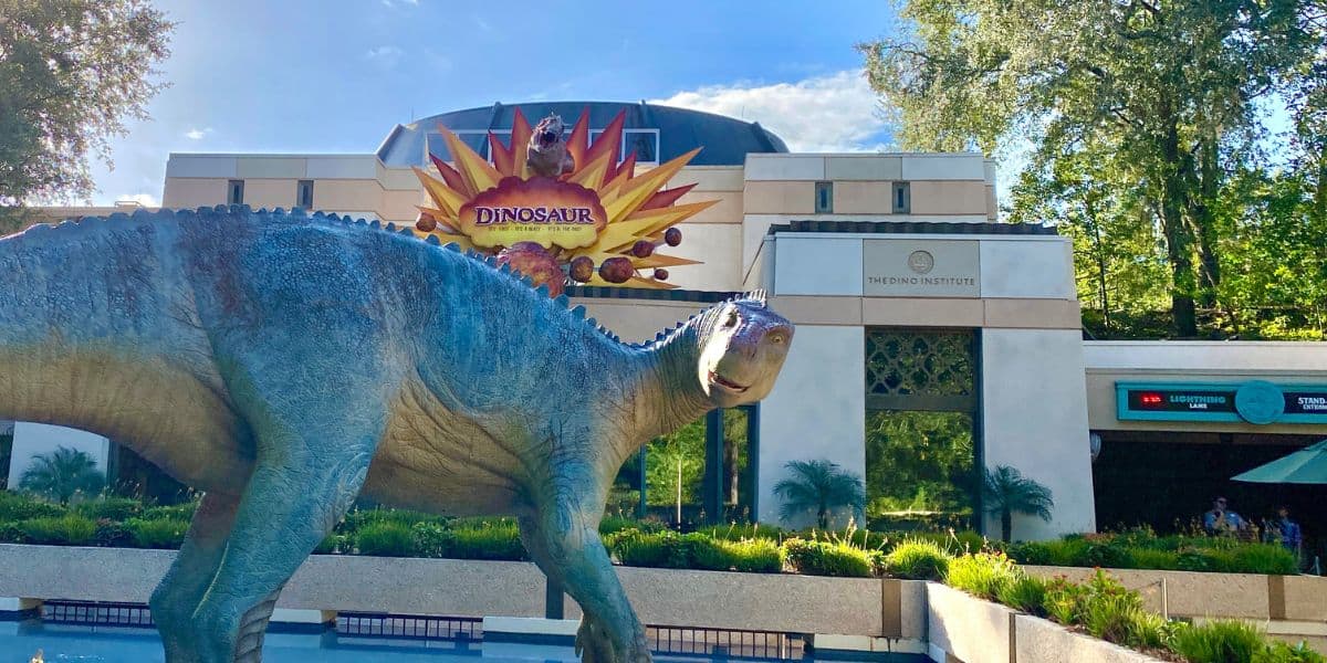 Aladar statue in front of the DINOSAUR attraction at Disney World Resort's Animal Kingdom