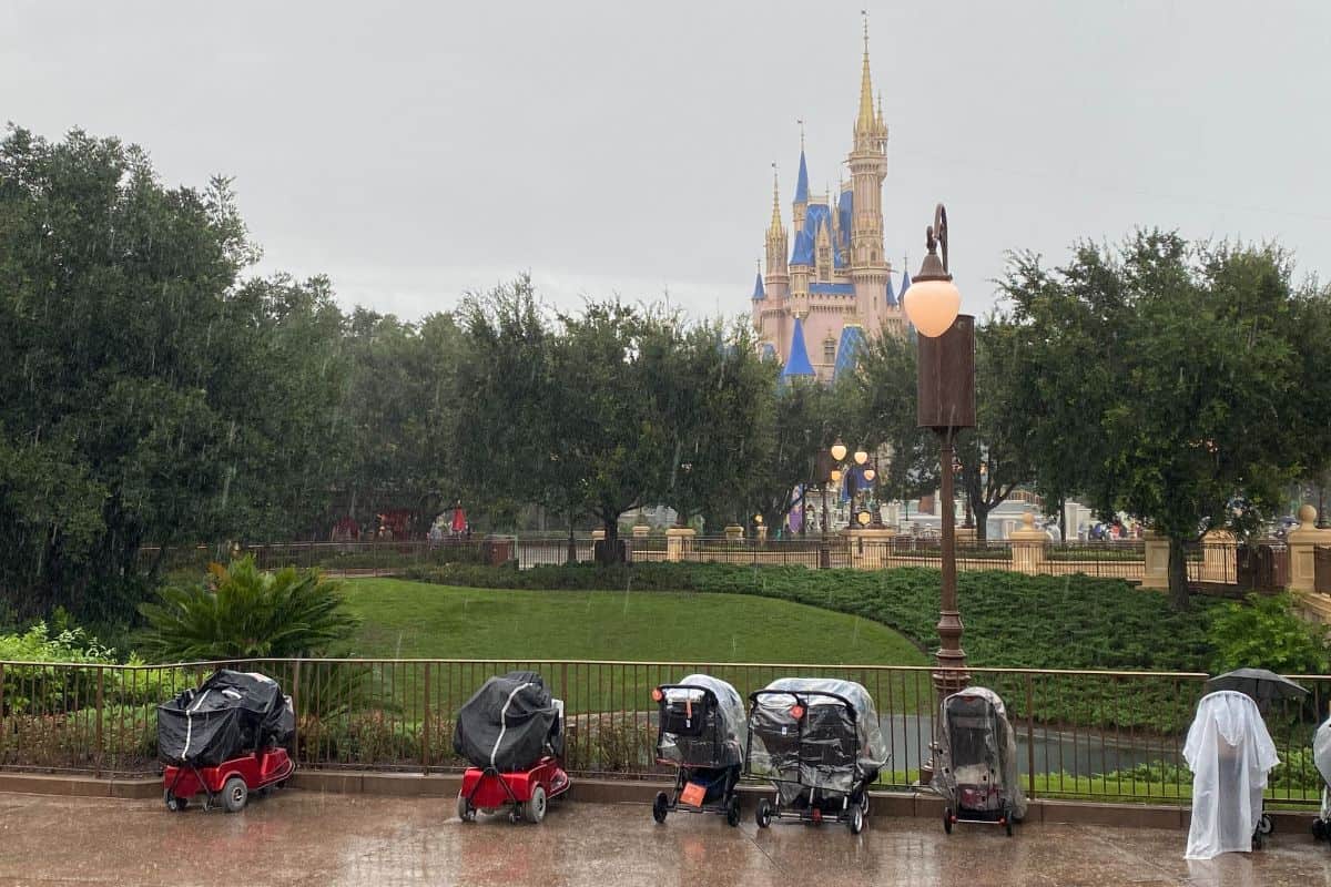 A row of strollers in front of Cinderella Castle at Walt Disney World Resort ahead of Hurricane Milton.