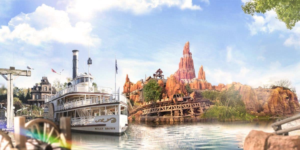 An overview of Frontierland, including Big Thunder Mountain Railroad, at Disneyland Paris, a Disney Park in France.