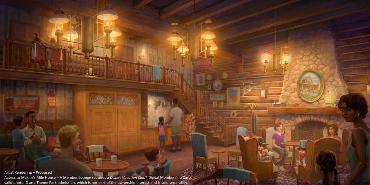 The cozy log cabin interior offers a magical experience for families, with wooden beams, a stone fireplace, and a loft with railings illuminated by warm ambient lighting. Groups gather around tables and near the hearth, creating a welcoming atmosphere reminiscent of Disney's enchanting allure.