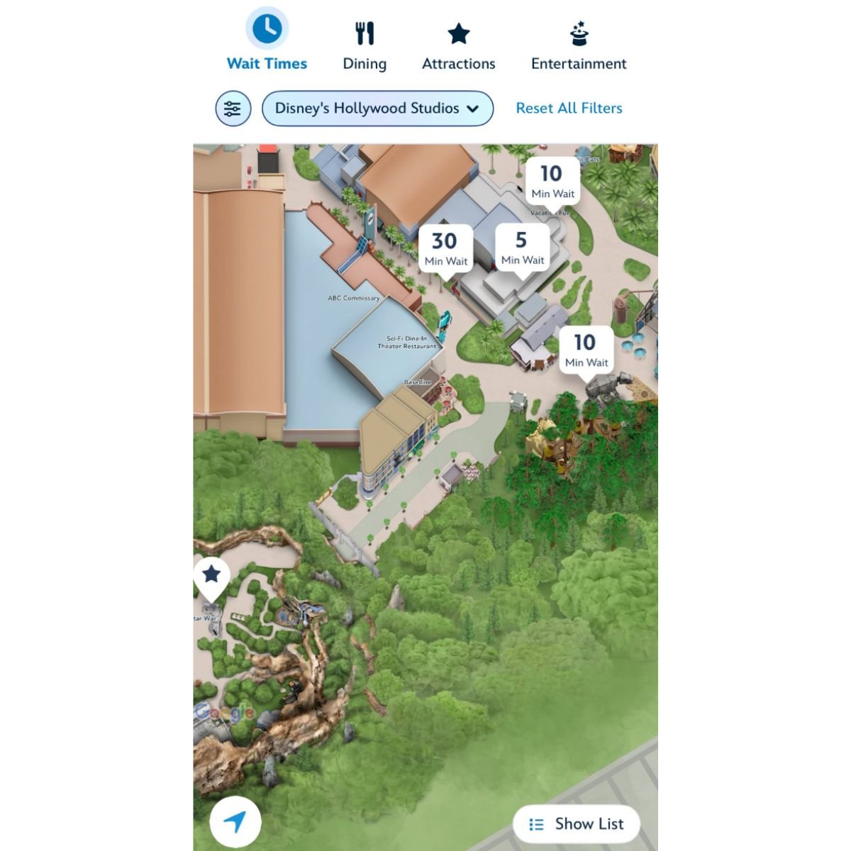 Screenshot of a map from Disney’s Hollywood Studios app- the Muppets Courtyard has disappeared.