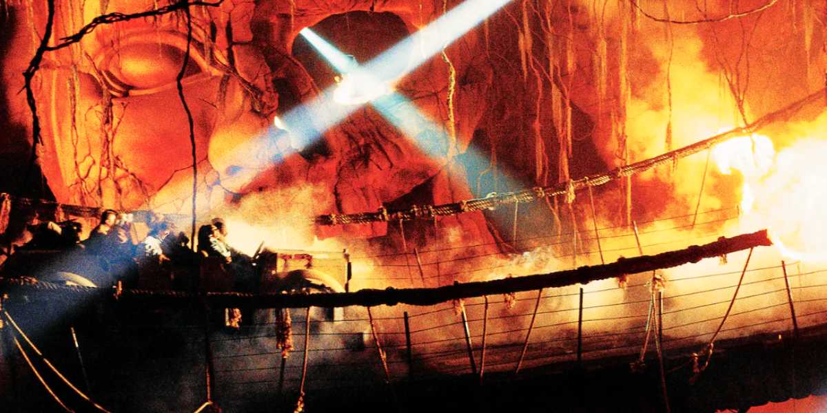 Bridge scene with pyrotechnics at Indiana Jones Adventure at Disneyland Resort