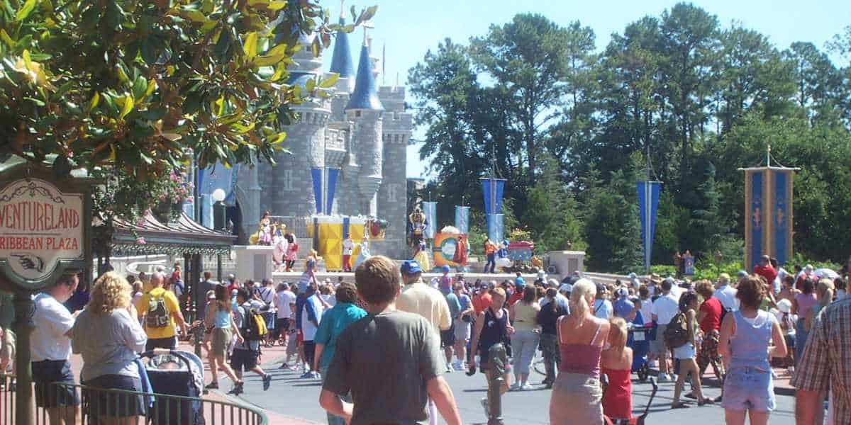 Crowds in front of Cinderella Castle at Magic Kingdom Park, Walt Disney World Resort in Central Florida