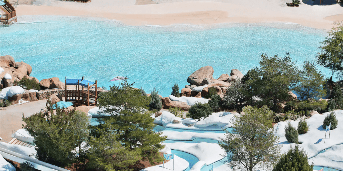 aerial view of melt-away bay wave pool at disney's blizzard beach