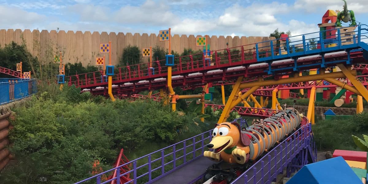 A side view of Slinky Dog Dash at Disney's Hollywood Studios.