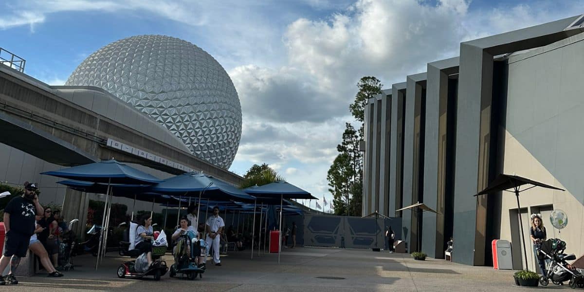 Spaceship Earth as visible from Guardians of the Galaxy: Cosmic Rewind at EPCOT.