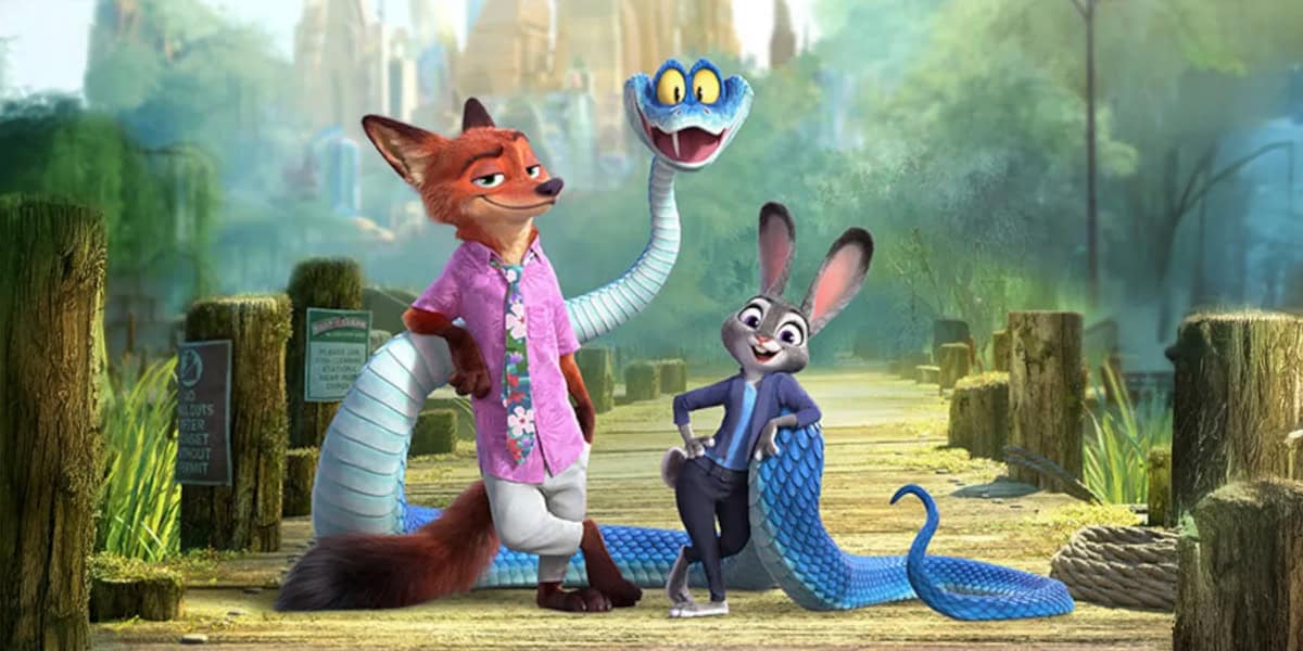 A cartoon fox in a pink shirt and a gray rabbit in a purple outfit stand confidently on a wooden dock, with a large smiling blue snake coiled behind them in a lush, green, animated cityscape.