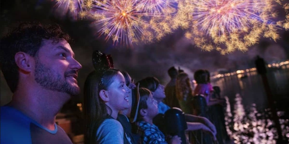 Guests watch the EPCOT Forever fireworks display at Walt Disney World Resort