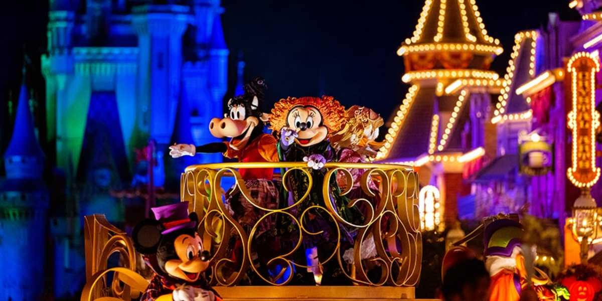 Mickey's Not So Scary Halloween Party parade with character in costumes on Main Street, U.S.A., at Disney World.