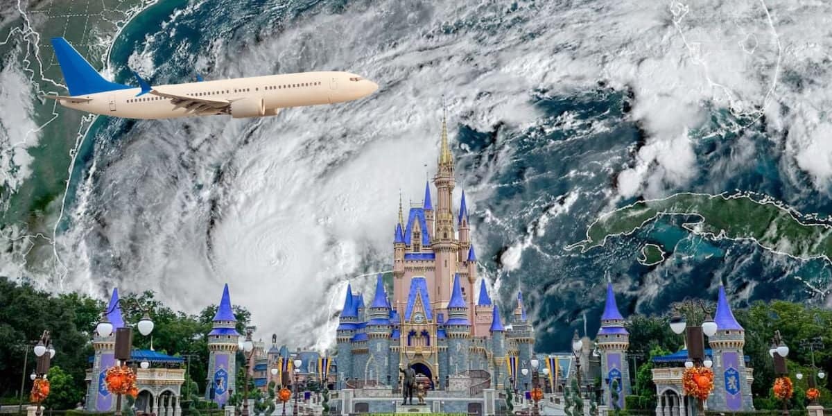 A large airplane soars over a fairytale castle backdrop near Orlando Airport, with a massive swirling storm depicted in the sky. The scene elegantly combines elements of aviation, fantasy, and weather phenomena—perfect for those dreaming of vacations to Disney World.