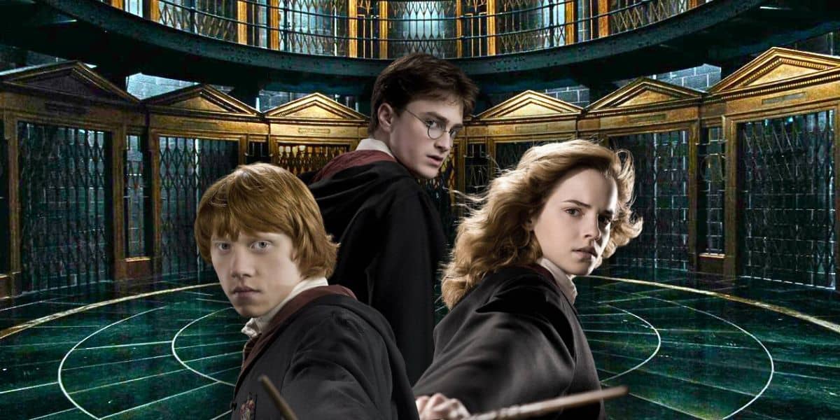 Harry Potter, Ron Weasley, and Hermione Granger standing together inside the Ministry of Magic at Epic Universe at Universal Orlando Resort.