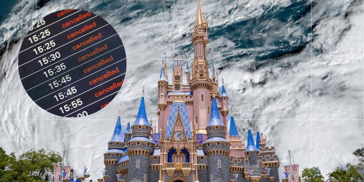 An image showing a Disney castle with an ominous storm cloud formation looming in the background. A circular inset in the upper left corner displays a flight departure board with several times listed, all marked "cancelled." The juxtaposition of Disney magic and real-world disruptions creates a captivating scene.