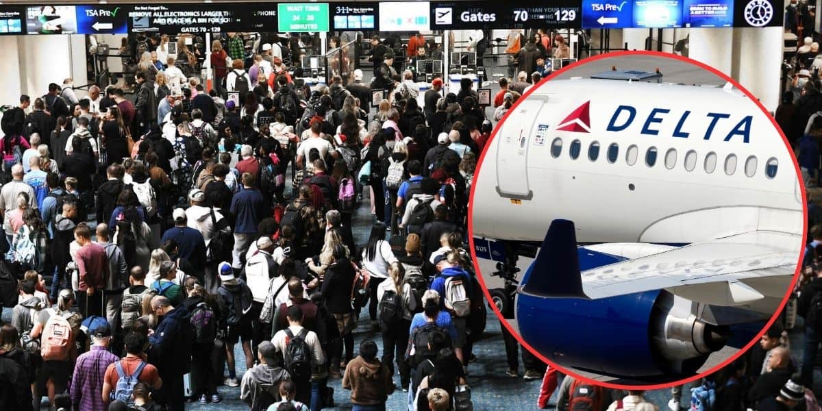A crowded airport terminal filled with travelers. In the foreground, a circular inset shows a close-up of a Delta airplane tail fin with the airline's logo and part of the wing. The terminal has multiple signage and gates indicators above the crowd as Disney adults also join.