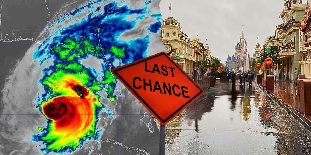 A split image displays a vibrant satellite view of a Category 5 hurricane swirling on the left and a drenched Main Street at Disney World on the right, with a "Last Chance" caution sign centered between the two scenes.