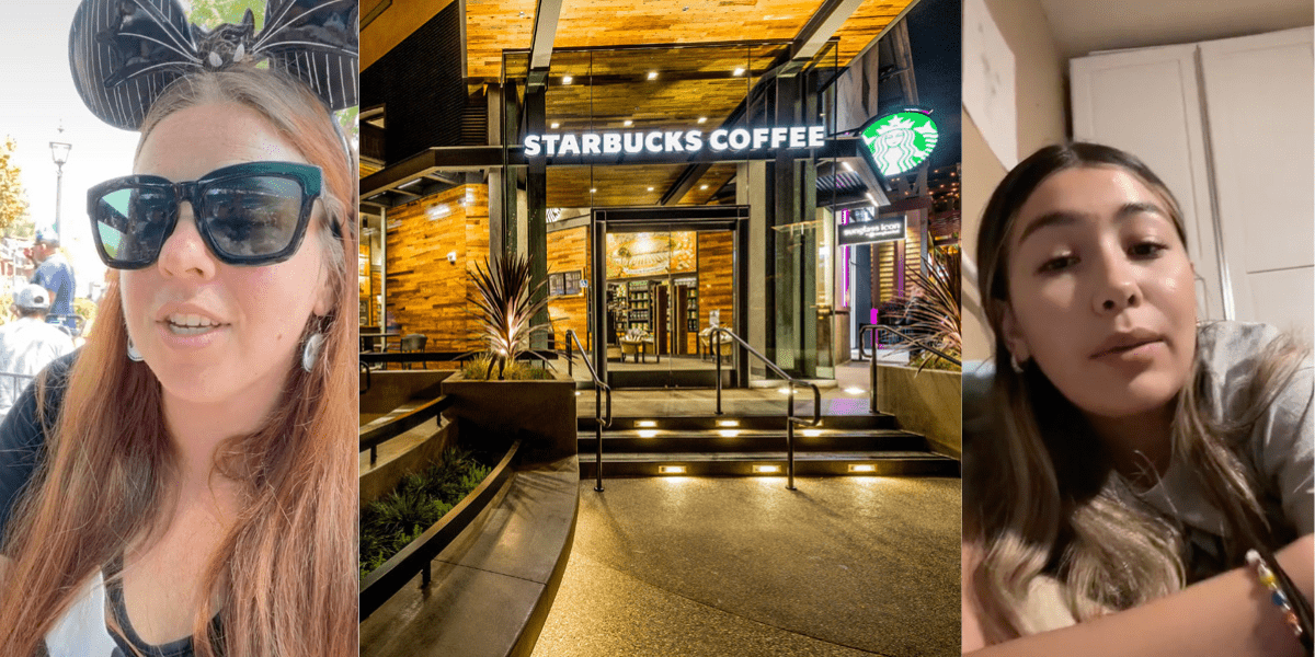 A woman in Mickey ears and sunglasses. Starbucks at Downtown Disney at night. A girl laying in bed speaking.